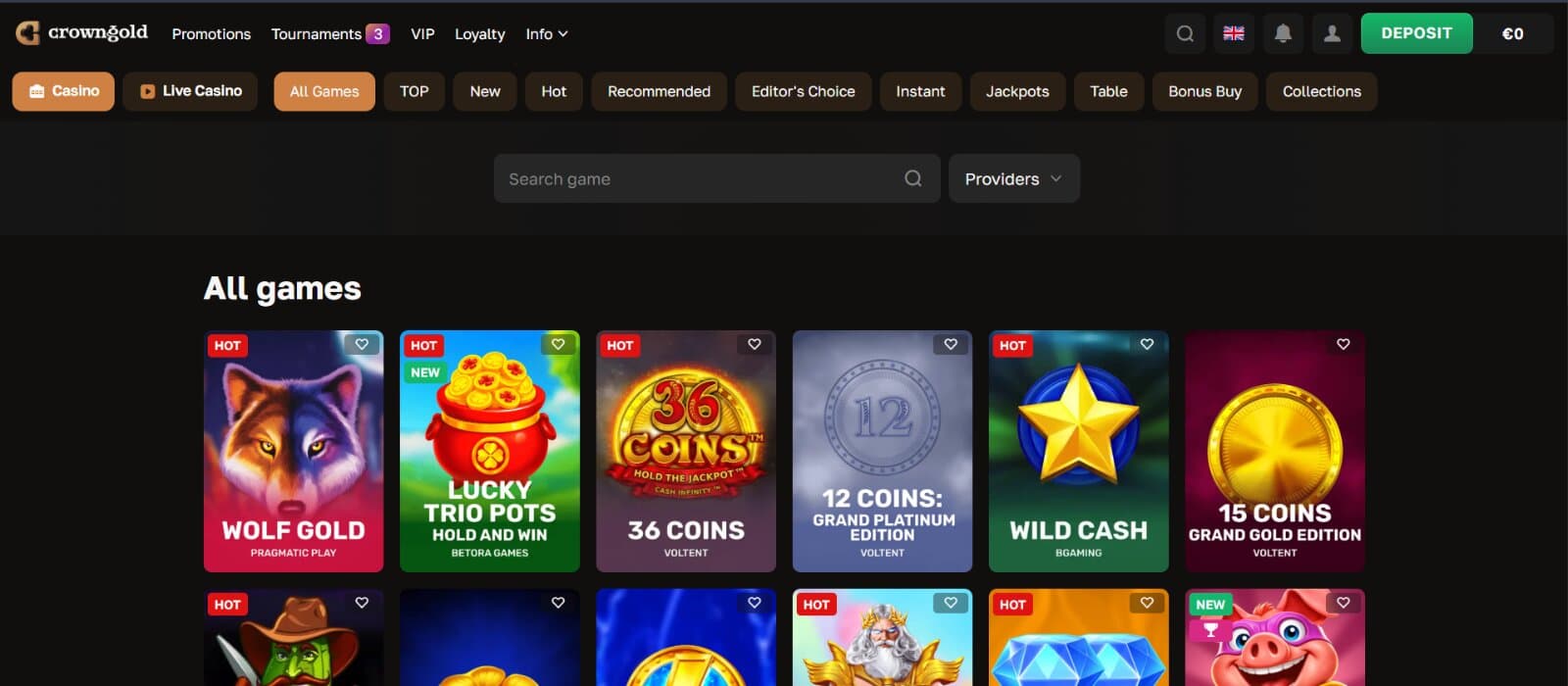 CrownGold Casino games page featuring all slot and table game icons under main sorting options 