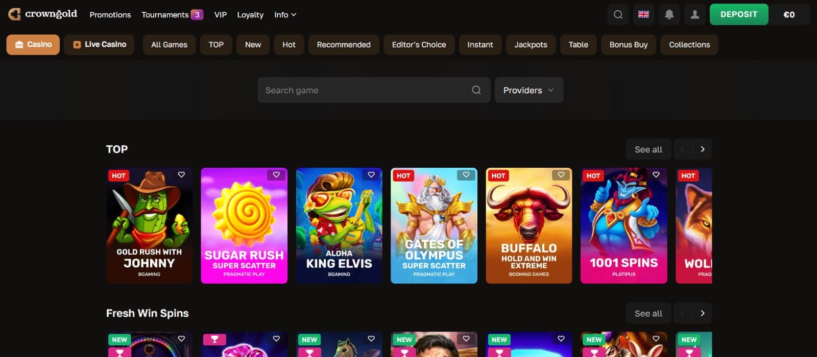 CrownGold Casino landing page featuring the top and latest wins from free spins  under main page tabs and lobby tabs 