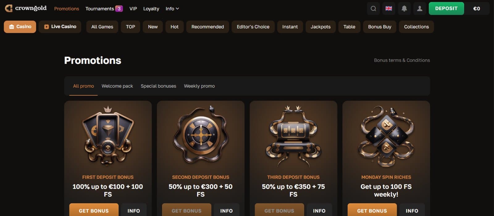 CrownGold Casino promotions page featuring the welcome bonus package and free spin reload offer with respective images