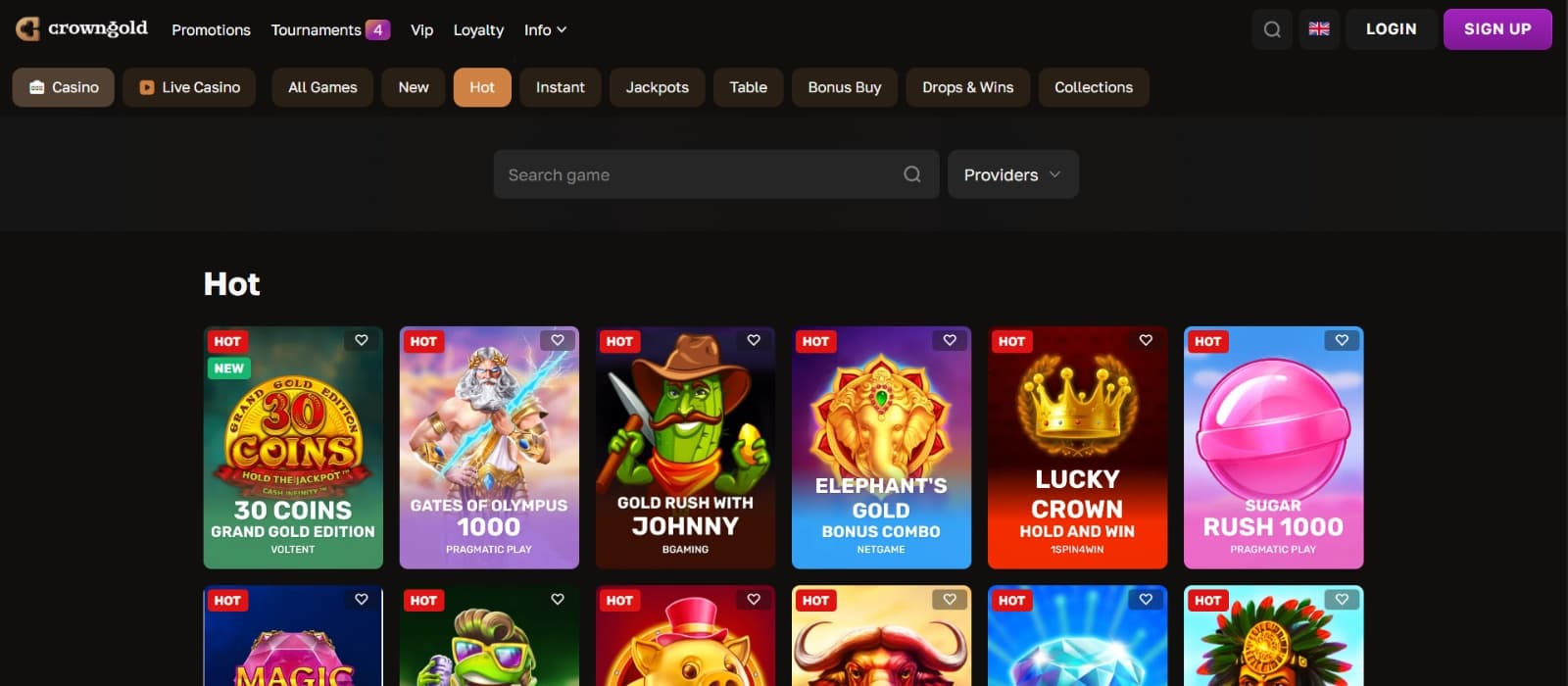 Crowngold Casino games page with the most popular  slot games