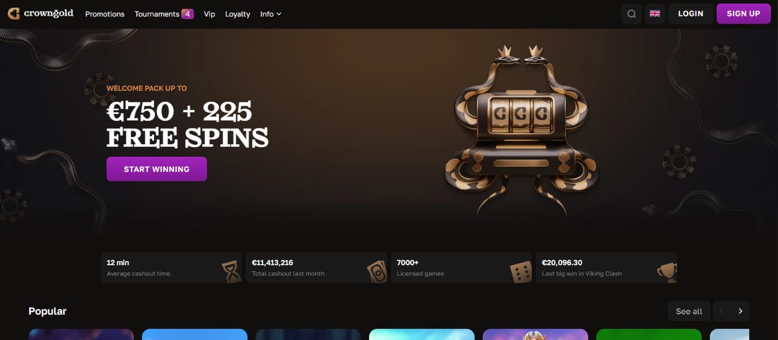 Crowngold Casino landing page with welcome bonus of 750 eur and 225 free spins