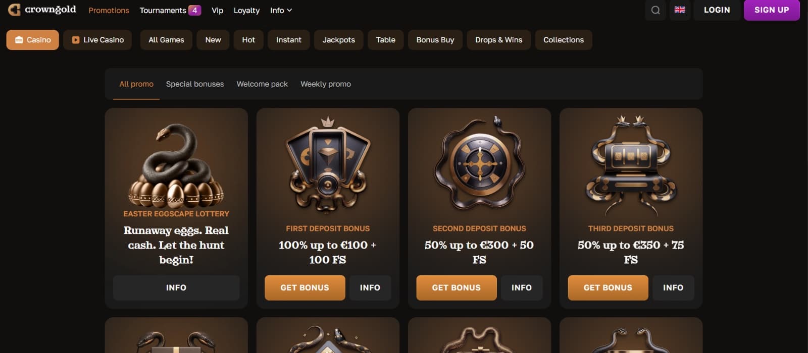 Crowngold Casino promotions page with Easter Lottery and three part welcome bonus