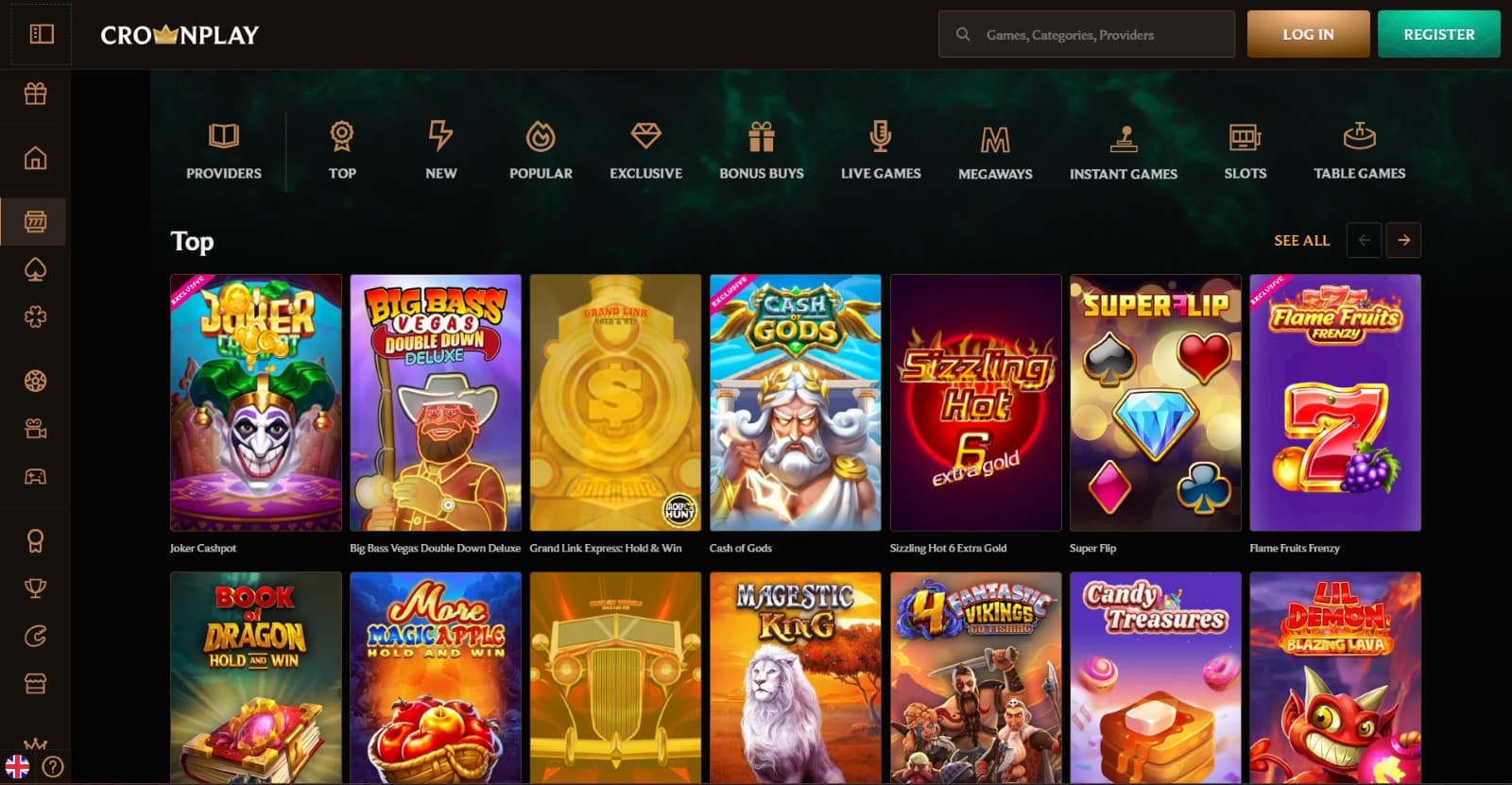 CrownPlay Casino games page with top slot titles under golden game genre categories