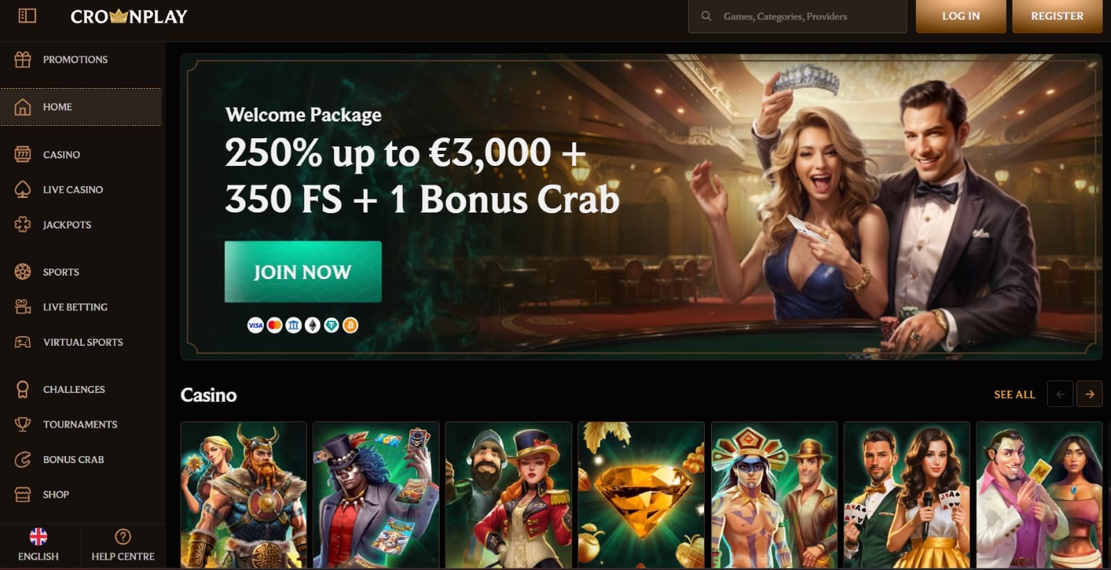 CrownPlay Casino landing page with sign up bonus promotional banner  