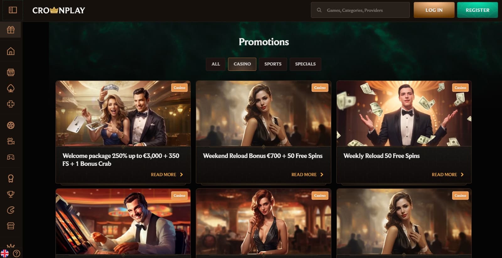 CrownPlay Casino promotions page with welcome package of 3000 euro on dealer and casino patron images