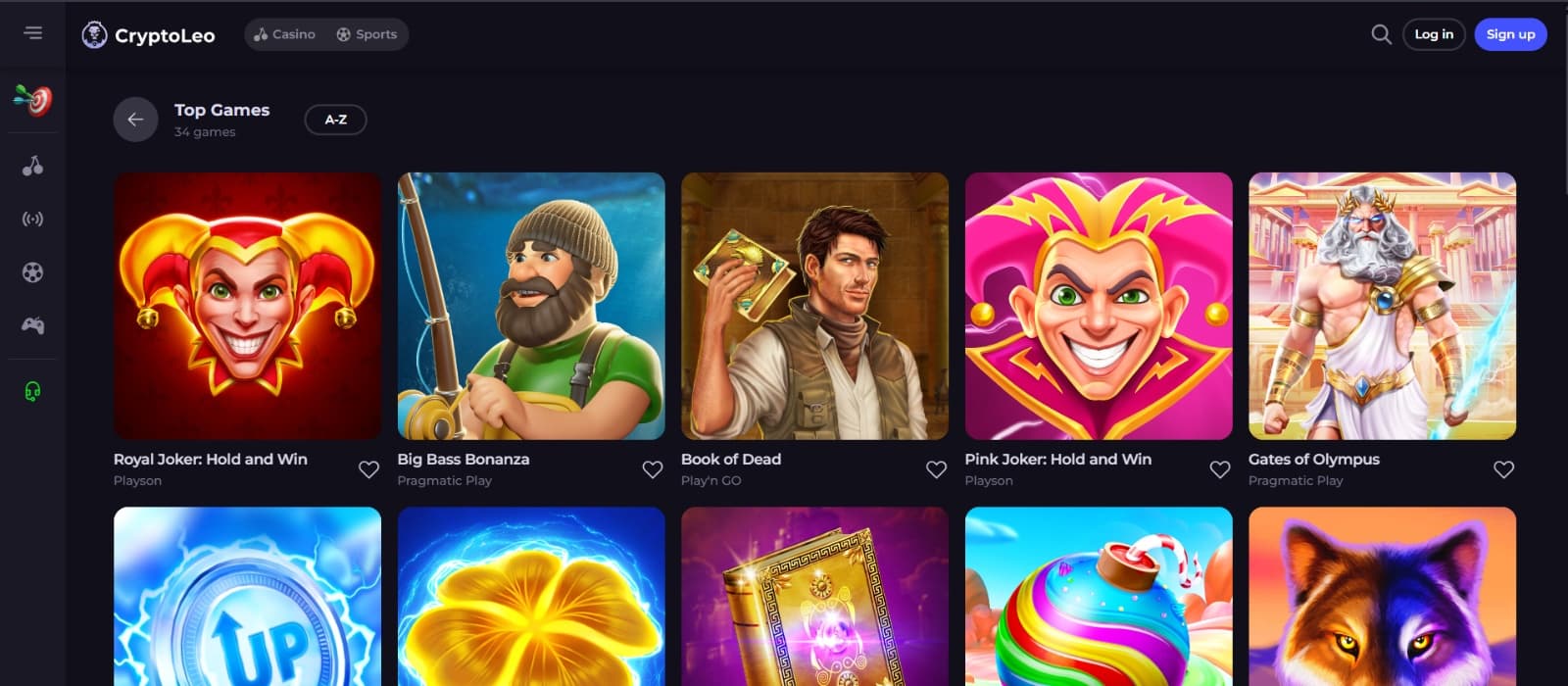 CryptoLeo Casino games page with top games such as Book of Dead, Big Bass Bonanza
