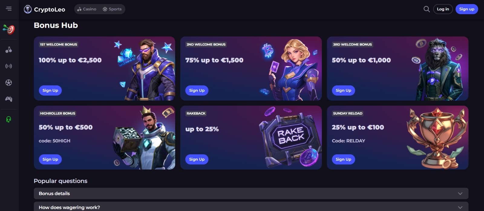 CryptoLeo Casino promotions page with 3-part welcome bonus and high roller bonus on images of cyber punk characters