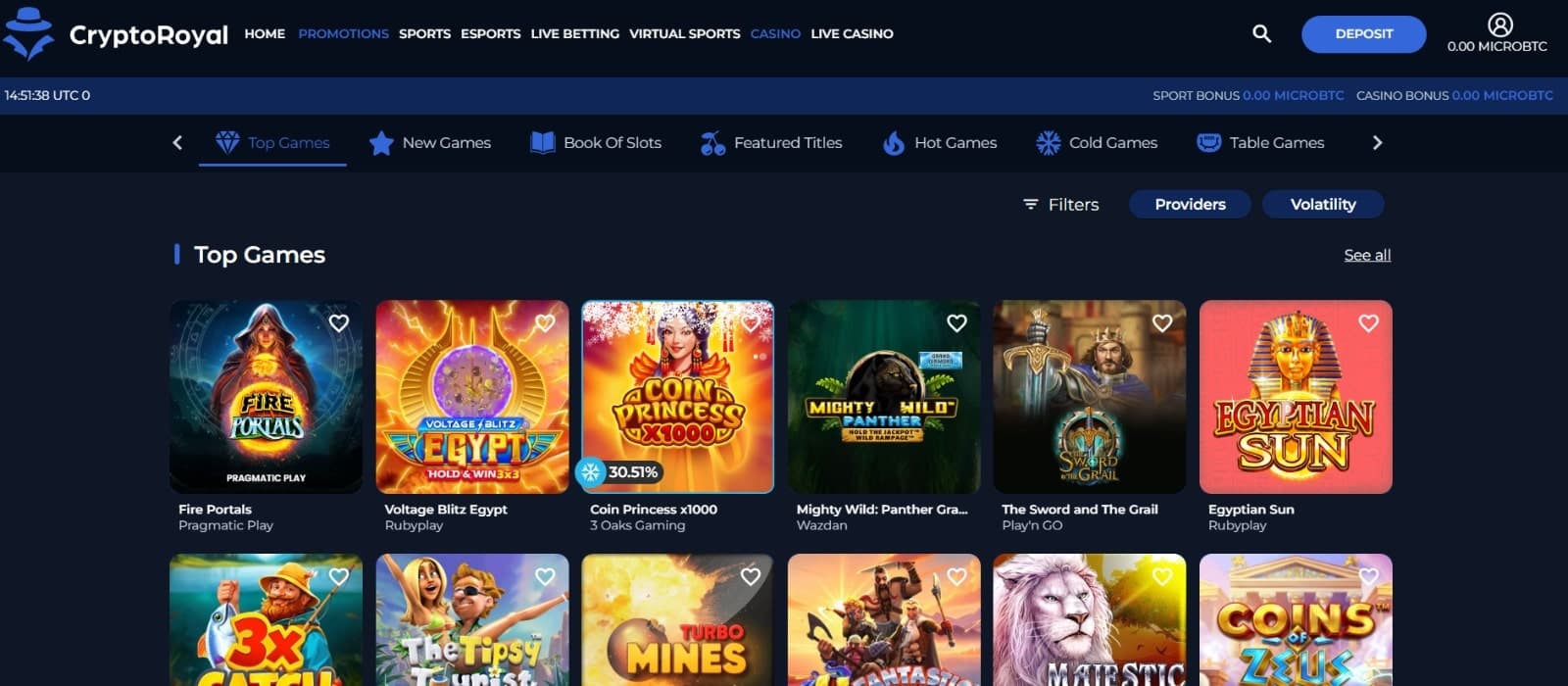 CryptoRoyal Casino gaming library displaying top slots such as Coins of Zeus and Majestic King