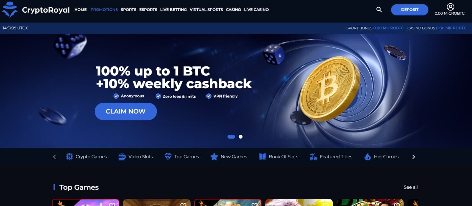 CryptoRoyal Casino landing page with the 100% up to 1 BTC plus 10% weekly cashback offer and Bitcoin image 