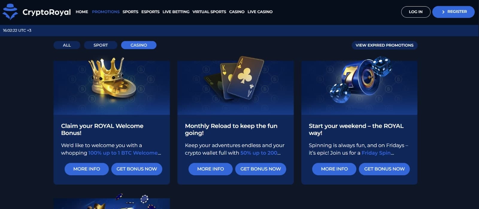 CryptoRoyal Casino's promotional page displaying the 1 Bitcoin welcome bonus, reload bonus and 10% cashback offer