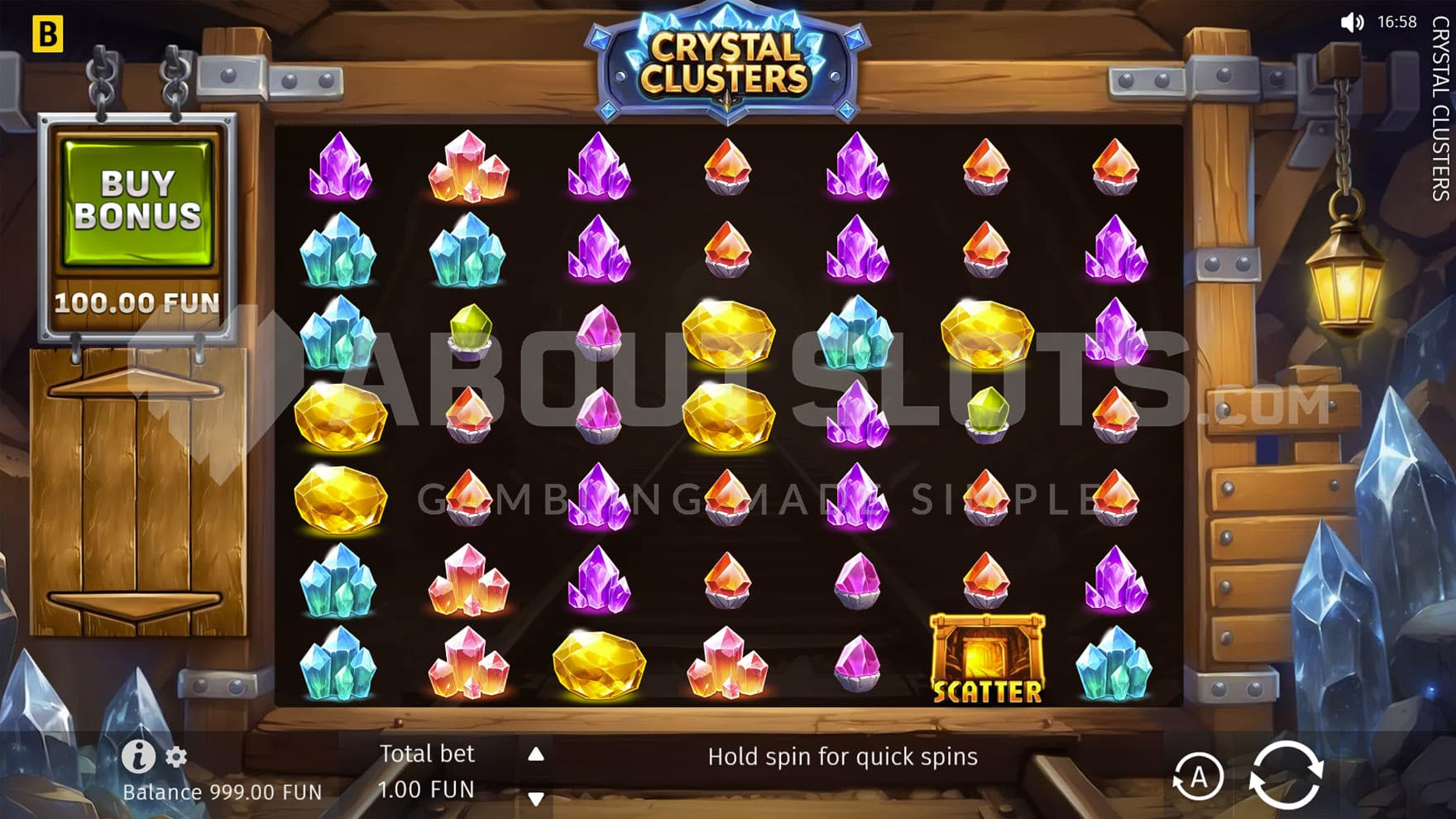 Base Game view of a 7x7 grid on a backdrop of a mine studded with glassy crystals.