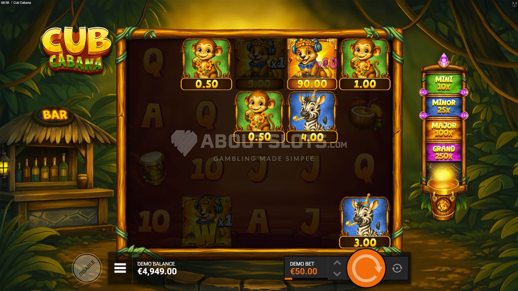 DJ Wild symbol collecting cash prizes in the base game.