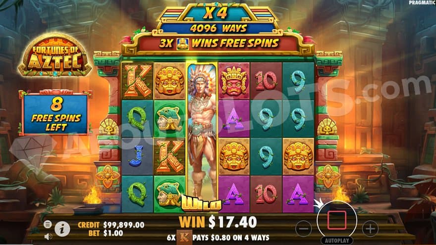 A 17.4X win in the Free Spins with a stacked Wild Symbol on the third reel. 