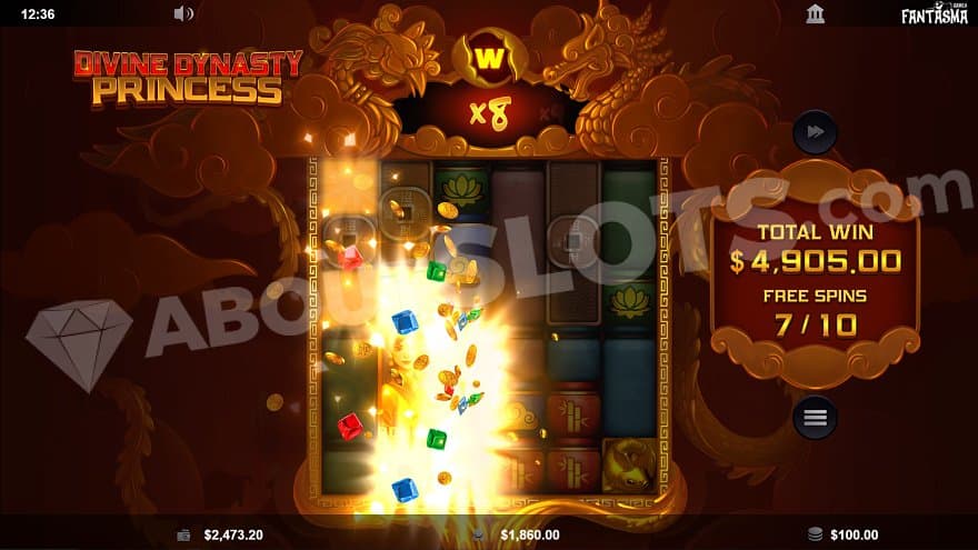 A win on the first three reels with an 8X multiplier in the Free Spins.