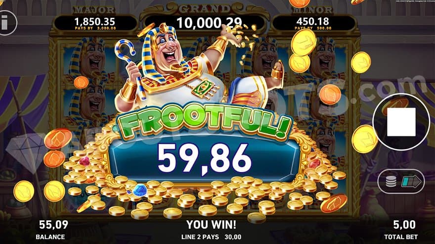 A pharaoh on top of a pile of gold coins with the text "Frootful! 59,86."