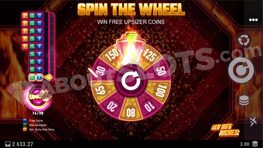 A bonus wheel with numbers between 10 and 150, awarding Upsizer Coins. 