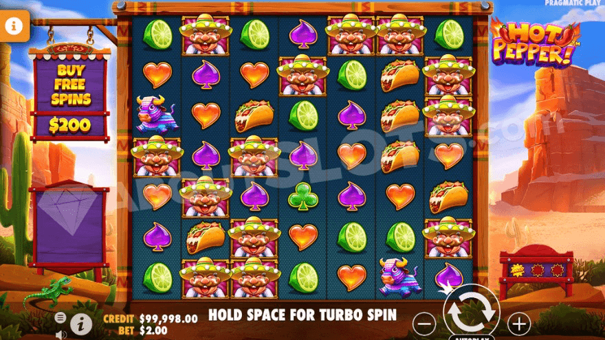 Grid of Hot Pepper slot with spinning reels and a desert in the background