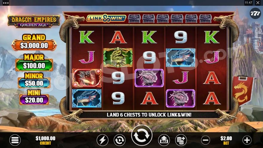 A casino slot in front of a nature landscape with a castle on a mountain. 