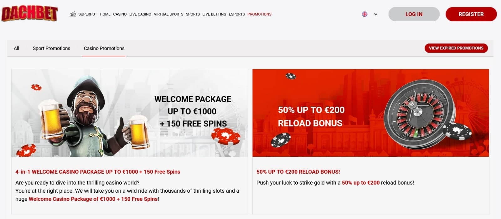DachBet casino promotions page featuring the welcome bonus package of 1000 euros and 150 free spins, reload bonus of 50% up to 200 euros 