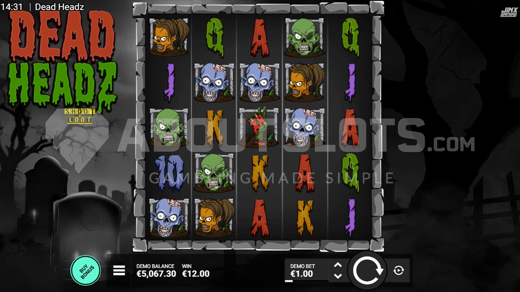 Base Game view of a 5x5 grid on a backdrop of a gloomy, dark cemetery.