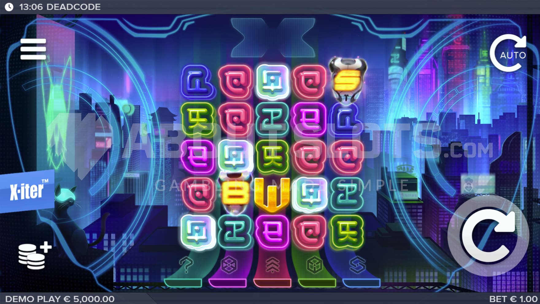Base Game view of a 5x7 grid on a backdrop of a futuristic Asian city.