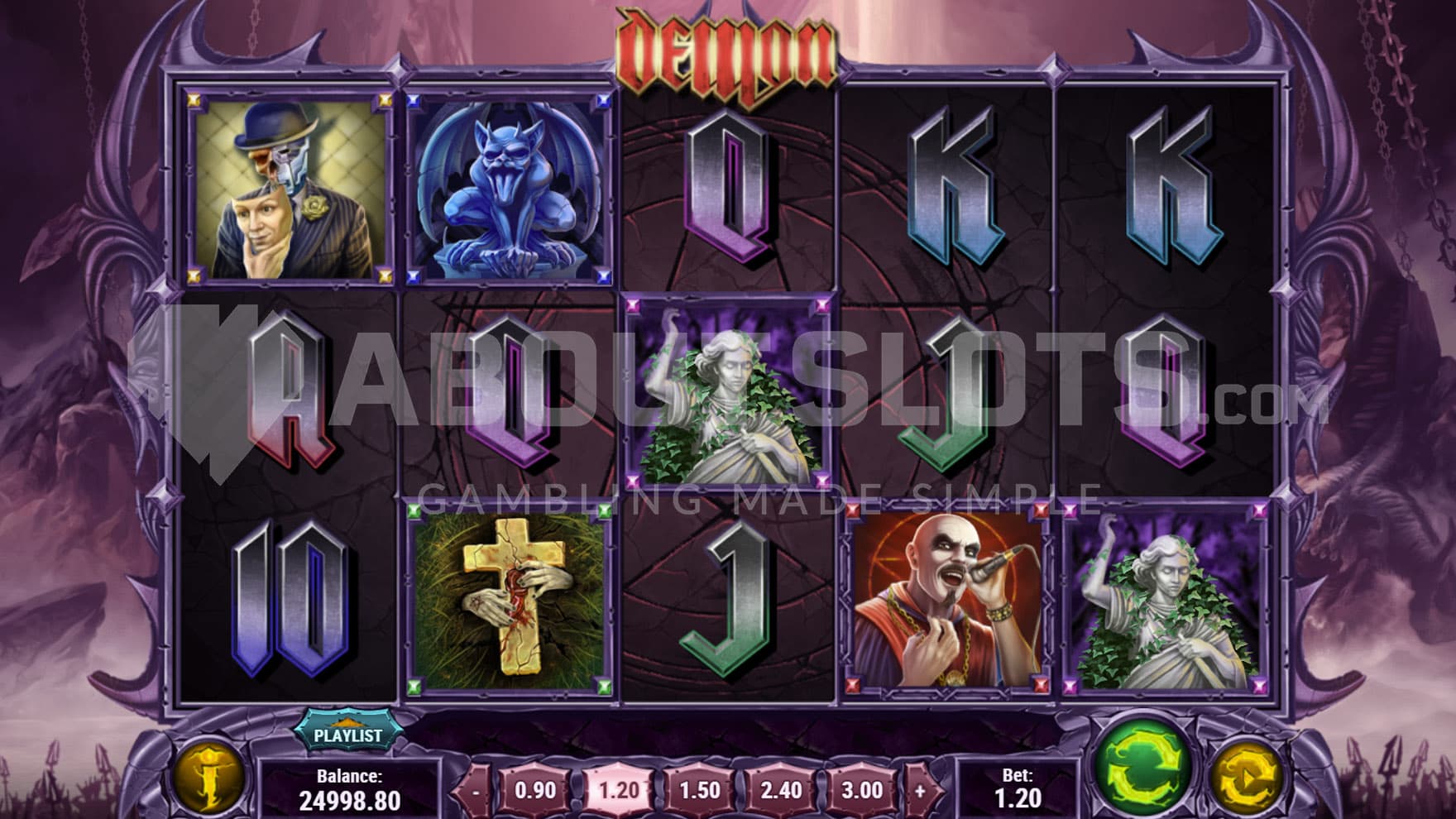 Base Game view of a 5x3 grid on a backdrop of a fantasy horror realm.