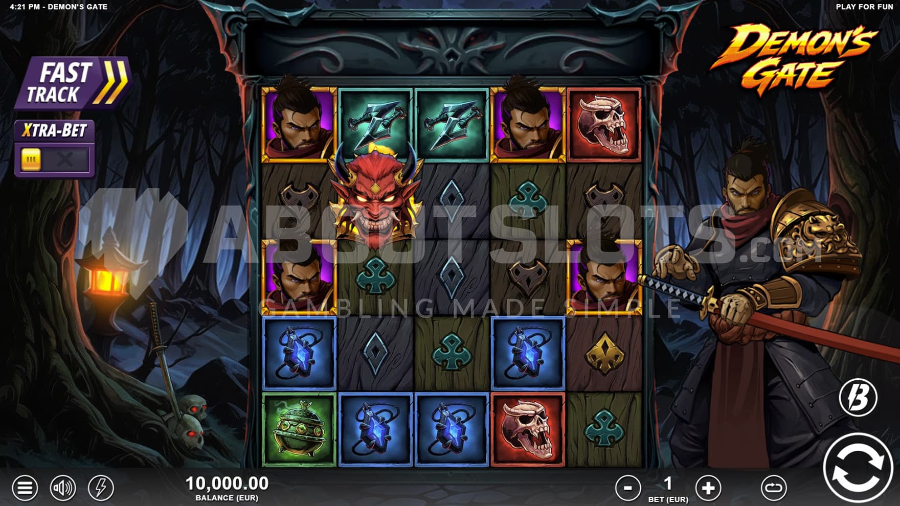 Base Game view of a 5x5 grid on a backdrop of a dark forest, with a warrior standing on the right.