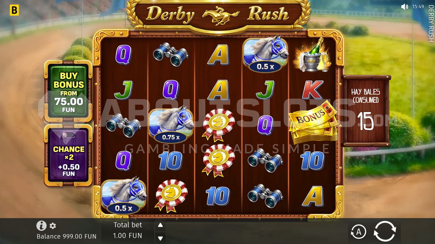 Base Game view of a 5x5 grid on a backdrop of a horse race track.