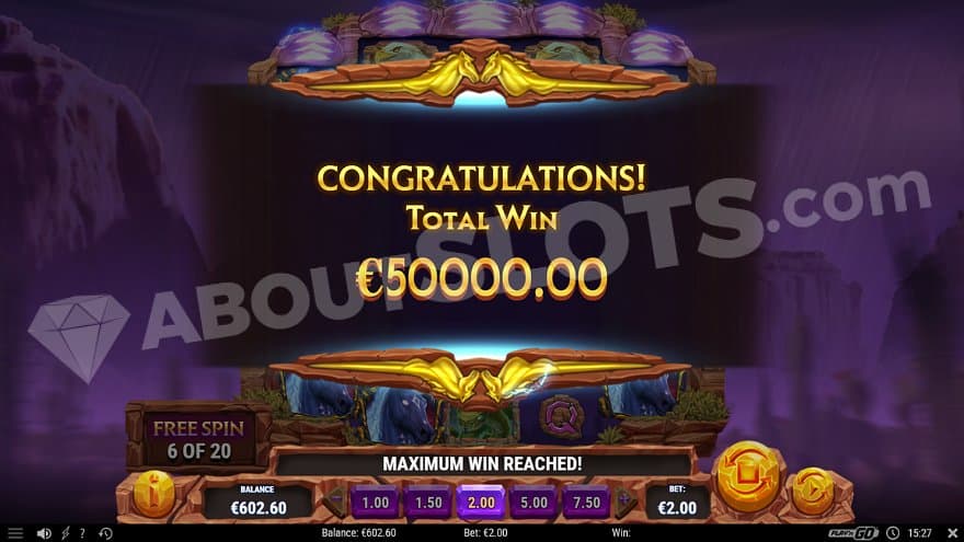 A text saying "Congratulations! Total Win €50000.00."