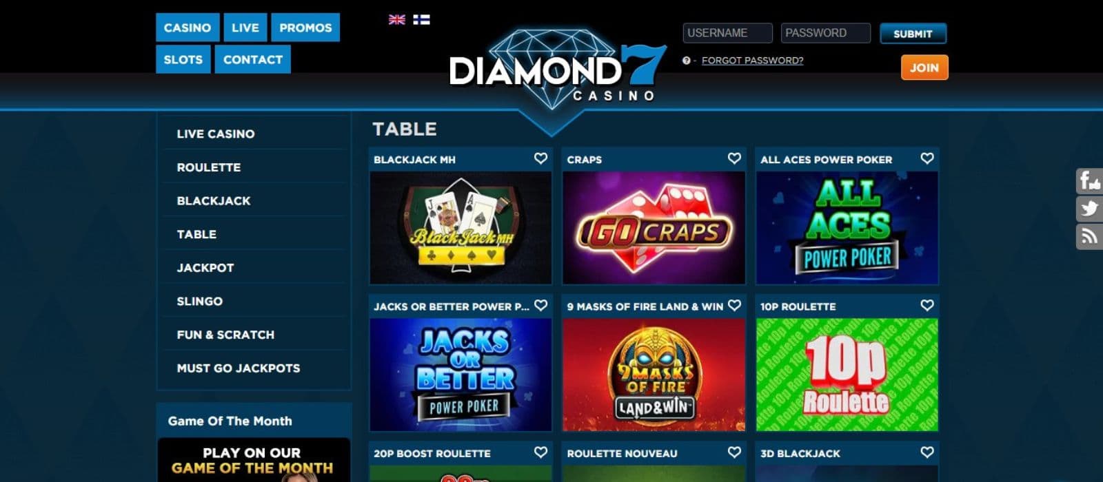 Diamond 7 Casino's table games category, showing variations of roulette, blackjack, and poker.