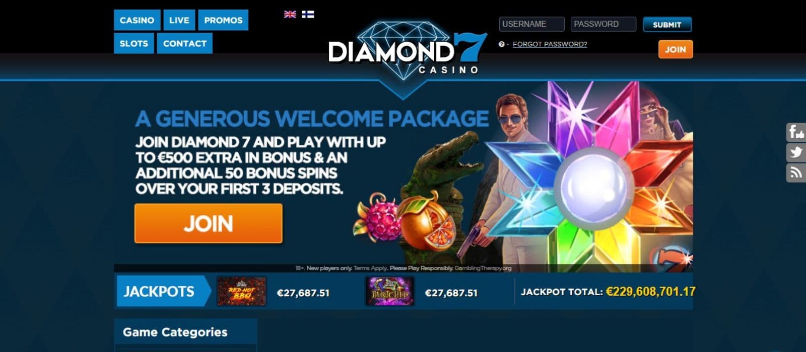 Diamond 7 Casino's homepage, showing the welcome bonus package and Jackpot winnings.