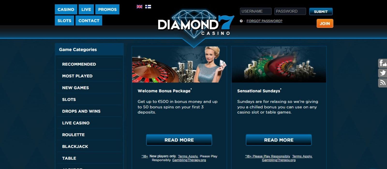 Diamond 7 Casino's promotion page, showing the welcome bonus and a sidebar game categories.