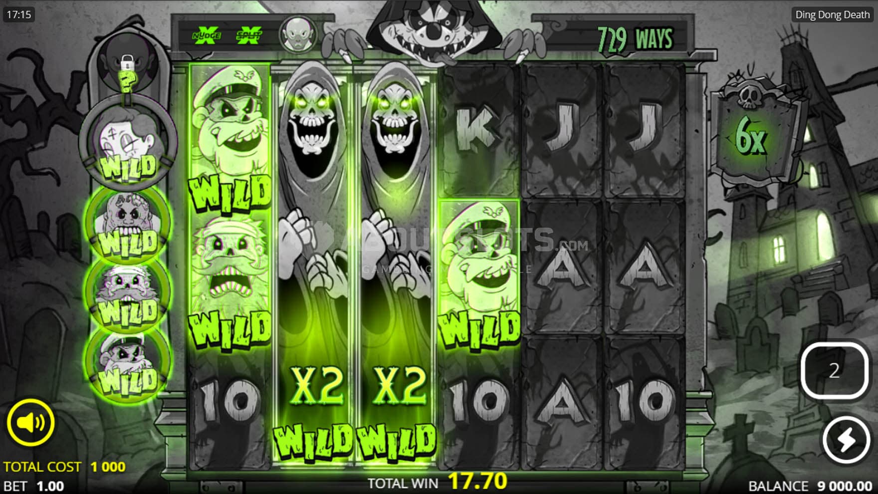 Screenshot of the Ding Dong Death Spins bonus in progress, with multiple Wilds creating a win.