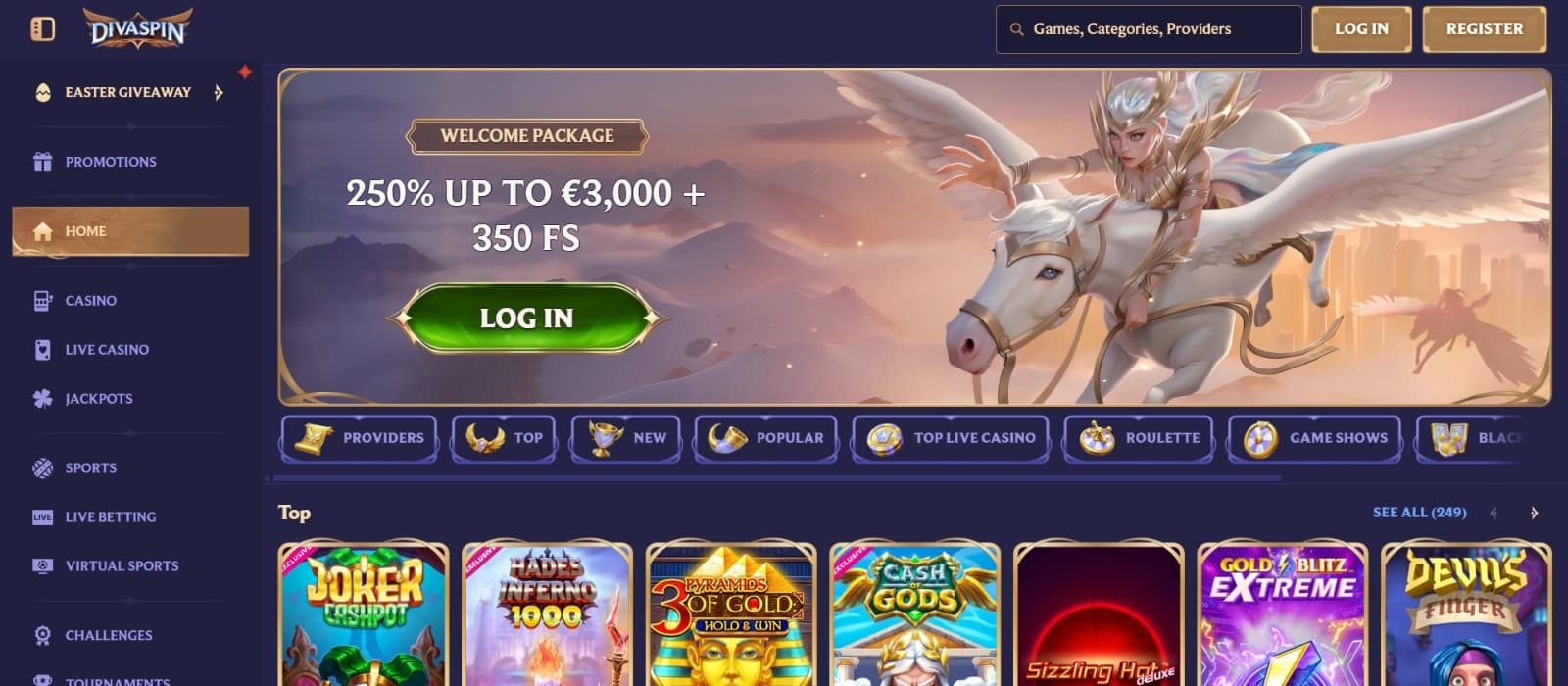 DivaSpin Casino landing page with Welcome package banner with white haired Valkyrie on Pegasus