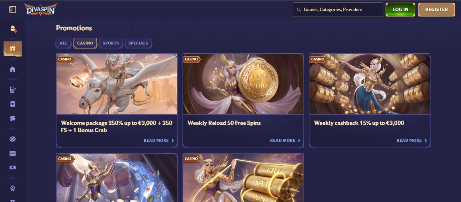 DivaSpin Casino promotions with welcome package, weekly reload and cashback on images of Valkyries in gold and white 