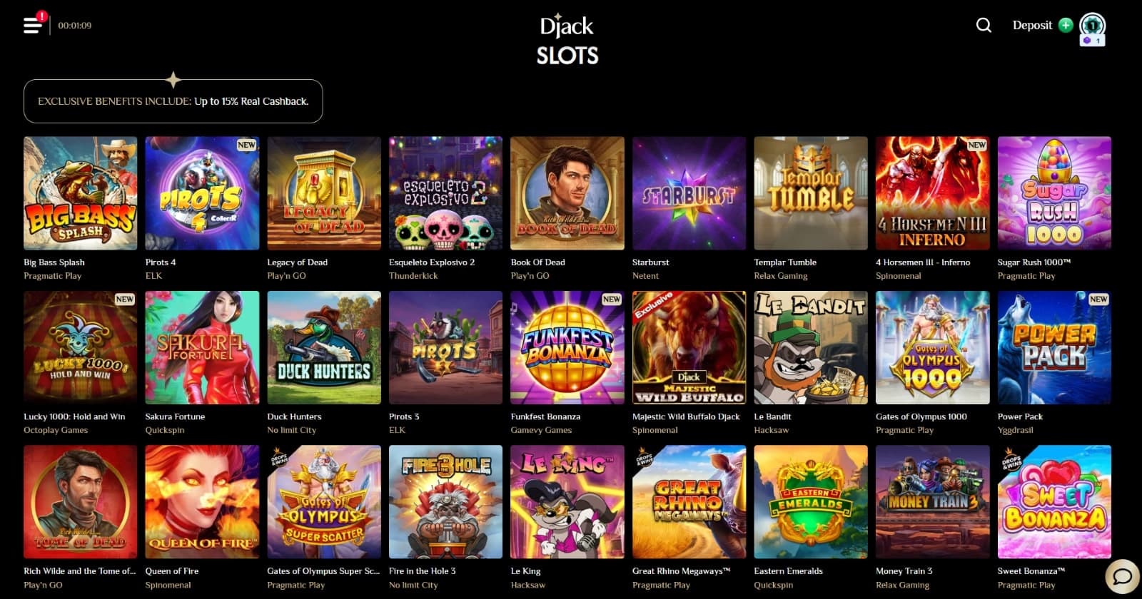 Djack Casino game page featuring slots such as Big Bass, Starburst, Templar Tumble and many more exciting games