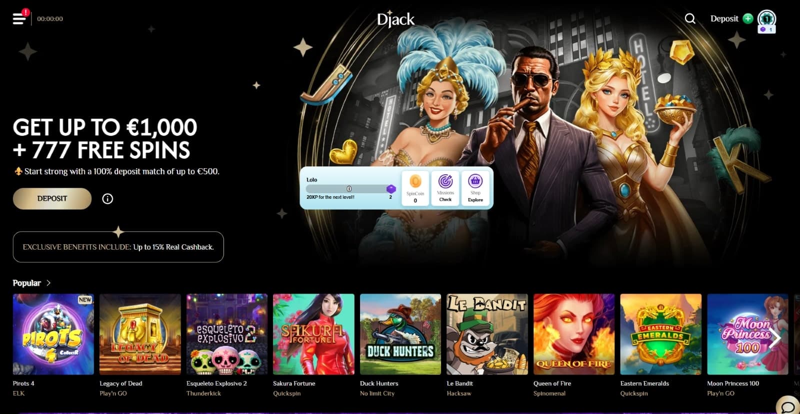 Djack Casino landing page displaying the 1000 euro and 777 free spins welcome bonus and popular games section