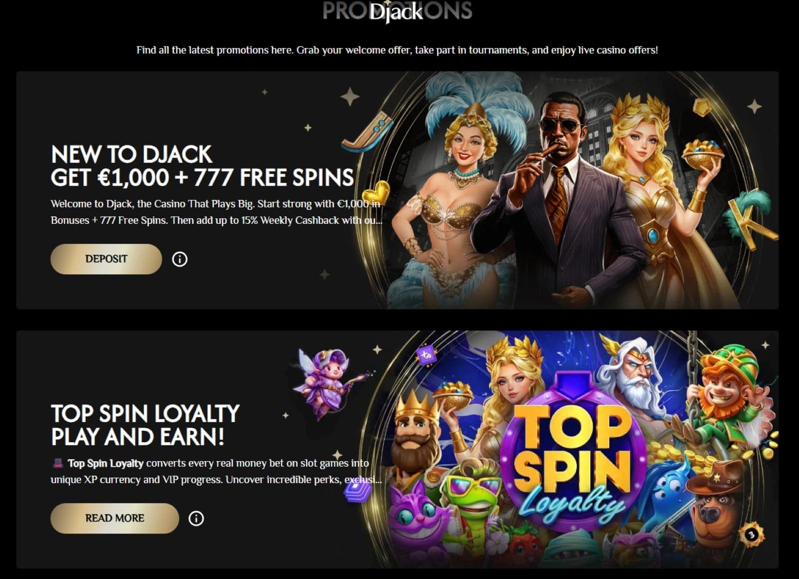 Djack Casino promotions page featuring the 6 part welcome offer and loyalty program 