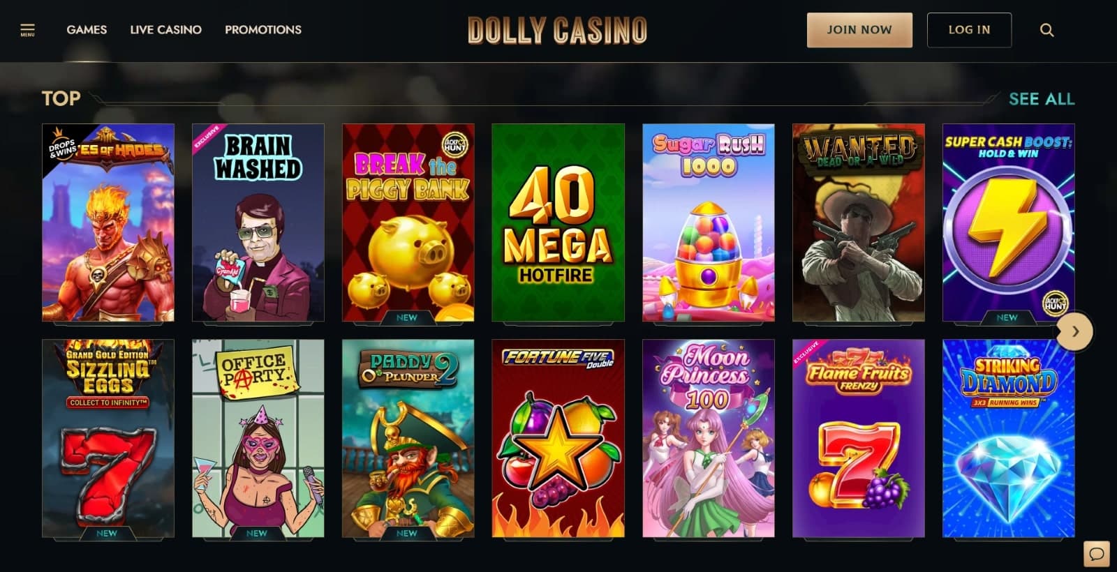 Dolly Casino games page with the top popular slots titles 