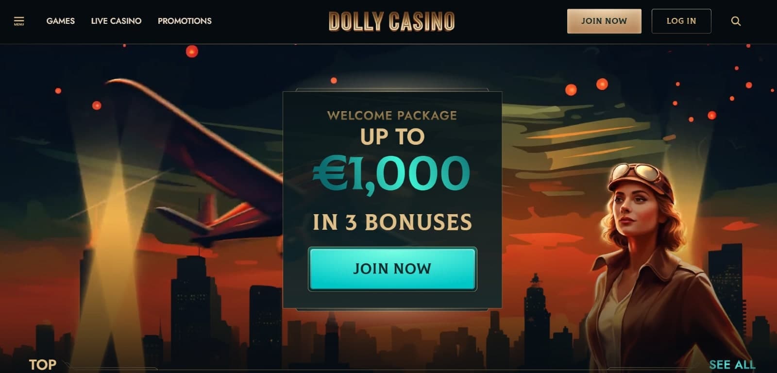 Dolly Casino landing page with welcome package of 1000 eur over image of  lady pilot