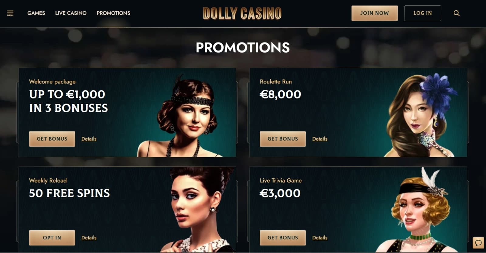 Dolly Casino promotions page with welcome package, roulette run,  free spins and more