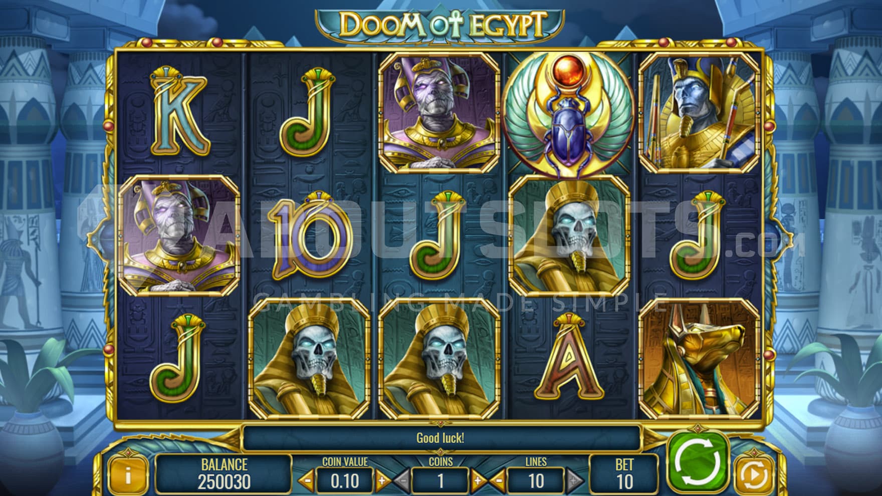 Base Game view of a 5x3 grid on a backdrop of Ancient Egyptian temple interior.