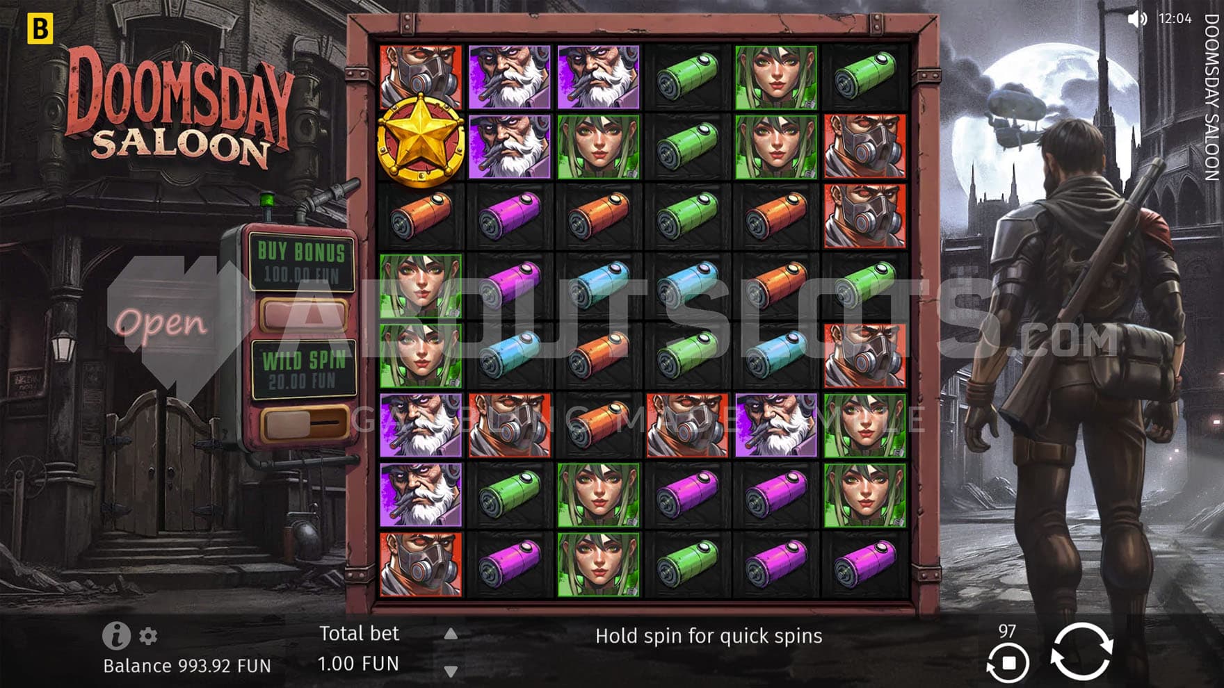 Base Game view of a 6x8 grid on a backdrop of a dark abandoned city, with a wasteland wanderer standing on the right.