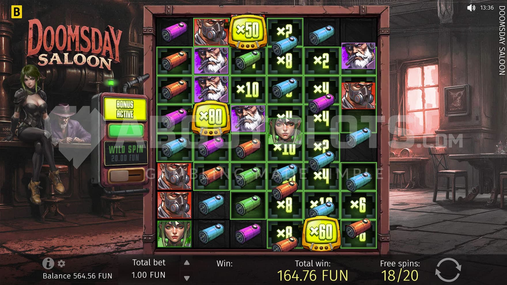 Free Spins bonus in progress with multiple positions covered with multipliers and three sticky Wilds with x50, x60 and x80 multipliers.