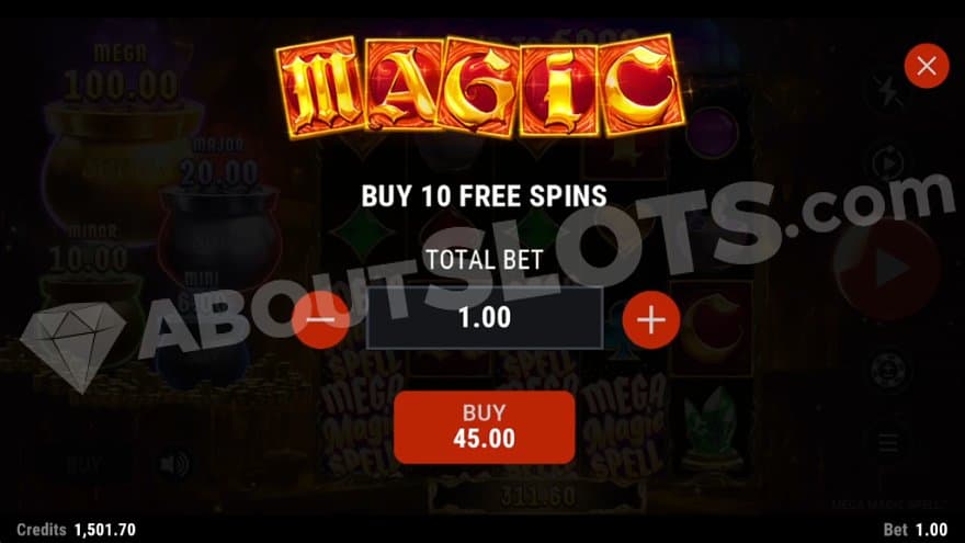 A menu offering the Free Spins for 45X the bet.