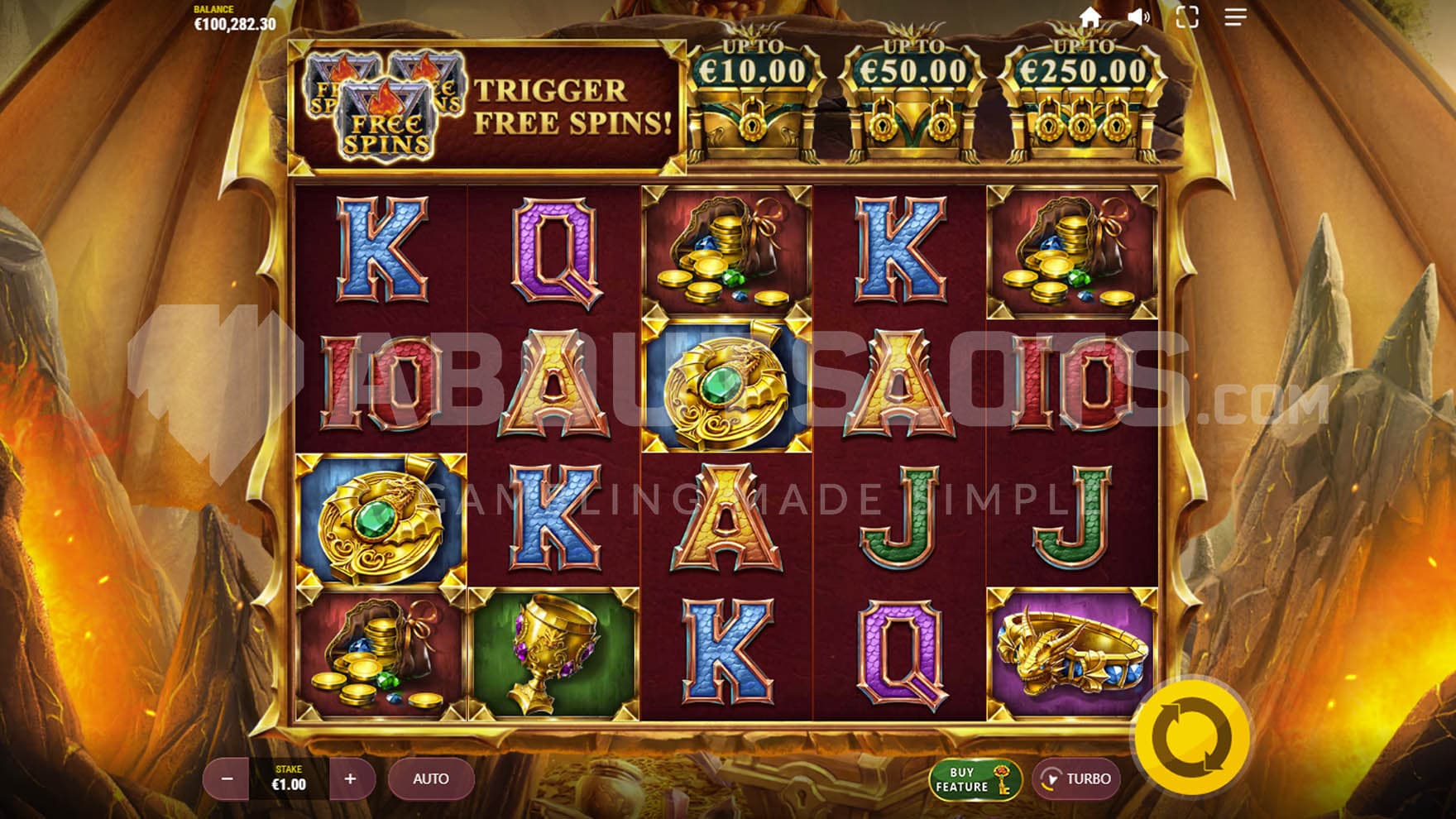 Base Game view of a 5x4 grid with a mix of low and high-paying symbols.