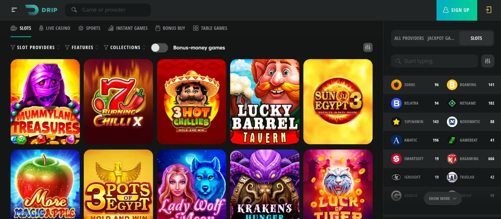 Drip Casino games page with Mummyland Treasures, Lucky Barbe and lady Wolf Moon Slots