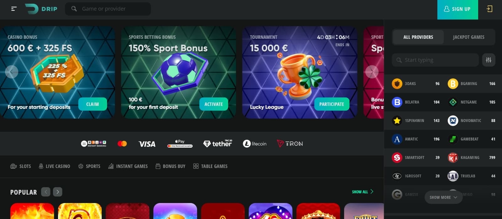Drip Casino home page with bonus slideshow, payment options and game tabs