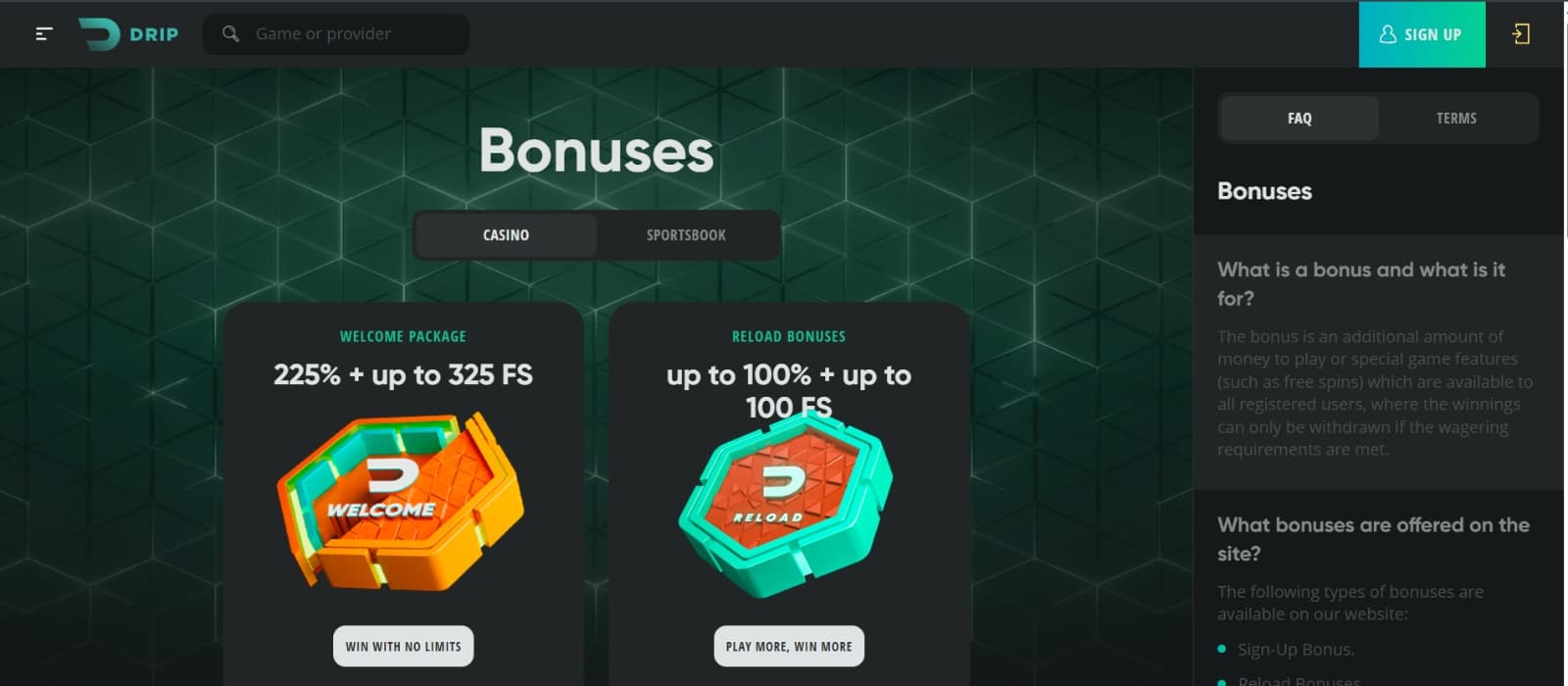 Drip Casino Bonus page with casino welcome and reload bonuses