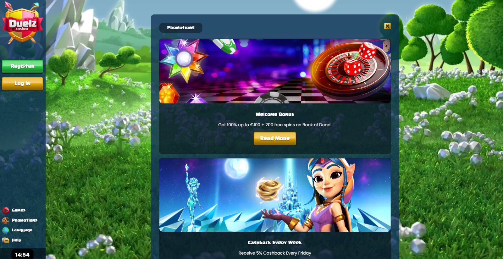 Duelz Casino promotions page with the welcome bonus and weekly cashback offer banners, side navigational menus and mystical forest background